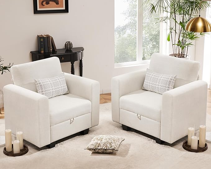 38.5 Oversized Accent Chair with Storage Beige, Single Modern Accent Sofa Chair with Arms for Apartment Living Room Linen(21" Deep Seat)-Ruum Studio Home