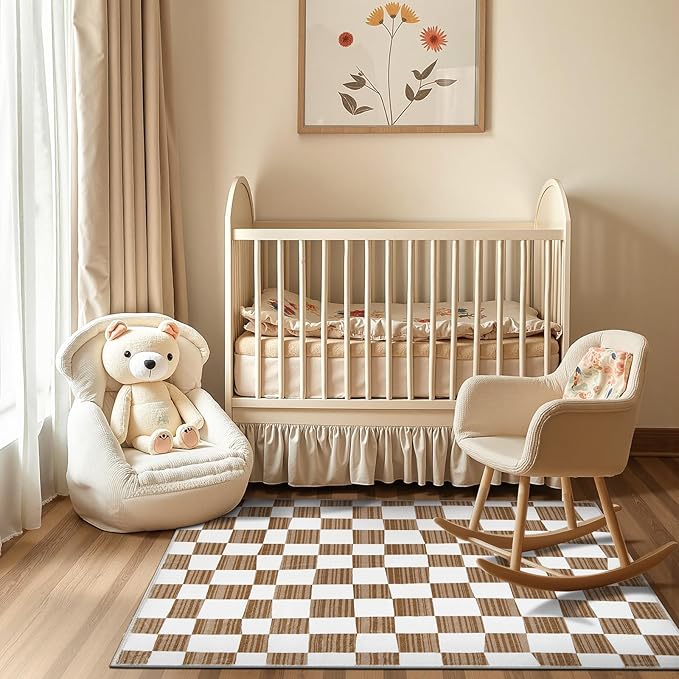 jinchan 3x5 Brown Checkered Area Rugs for Kids Room - Machine Washable Rug Modern Neutral Geometric Lattice Soft Non-Slip Carpet for Nursery Playroom Bedroom Entryway Living Room Home Office-Ruum Studio Home