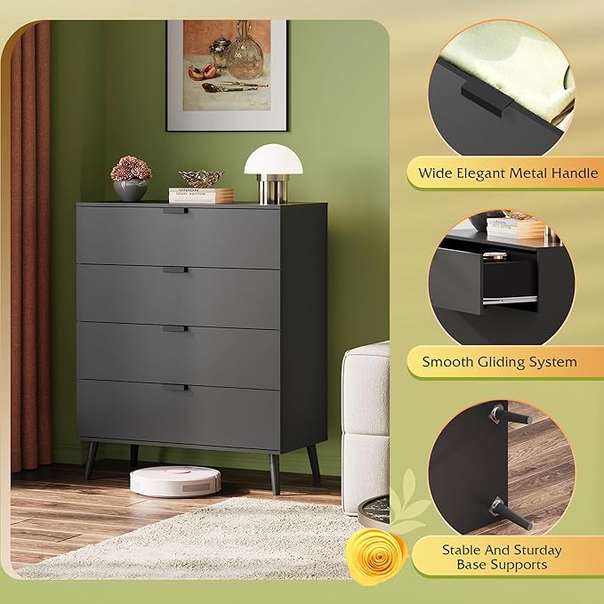 WLIVE 4 Drawer Dresser for Bedroom, Tall Wood Dresser, Modern Black Dressers with Sturdy Metal Handle, Small Chest of Drawers for Living Room, Hallway-Ruum Studio Home