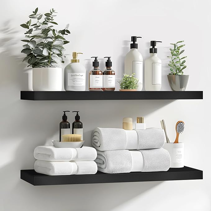 LaVie Home Floating Shelves, 24 Inch Wall Shelf Set of 2, Hanging Shelf with Invisible Brackets, Wall Decor for Bathroom, Bedroom, Living Room, Kitchen Storage, Classic Black-Ruum Studio Home