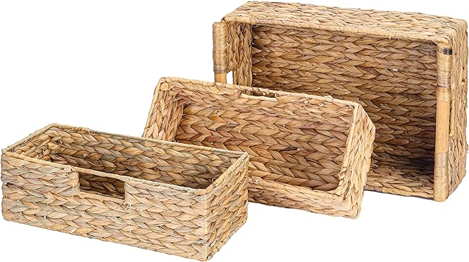 VATIMA Large Water Hyacinth Storage Baskets for Organizing with Wooden Handles for Shelves, 2 Bathroom Small Basket, Water Hyacinth Toilet Paper Baskets, Set of Natural Wicker Storage Basket for Home-Ruum Studio Home