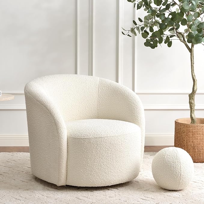 KINWELL Sherpa Swivel Barrel Chair & Round Ball Pillow Set - 34" Wide Modern Boucle Accent Chair with 9” Matching Nordic Decorative Throw Pillow for Living Room and Bedroom(Cream)-Ruum Studio Home