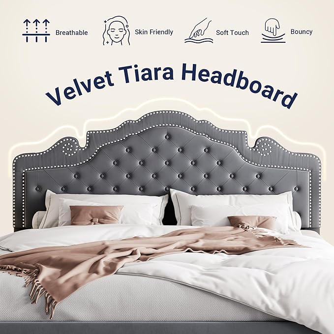 Allewie King Size Bed Frame with Adjustable Velvet Tiara Headboard, Upholstered Diamond Button Tufted Platform Bed, Wood Slats Support, No Box Spring Needed, Light Grey-Ruum Studio Home