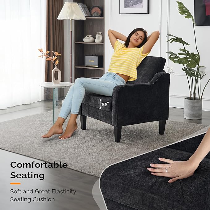VINGLI Mid Century Modern Accent Chairs, Black Soft Chenille Reading Chair Upholstered Armchair Side Chairs Sofa Couches for Living Room, Bedroom, Apartment-Ruum Studio Home