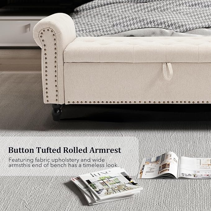 Furniliving 55” End of Bed Bench, Bedroom Bench with Button-Tufted, Large Upholstered Storage Ottoman Entryway Bench with Storage Shoe Cabinet Bench, for Bedroom, Linen, Camel-Ruum Studio Home