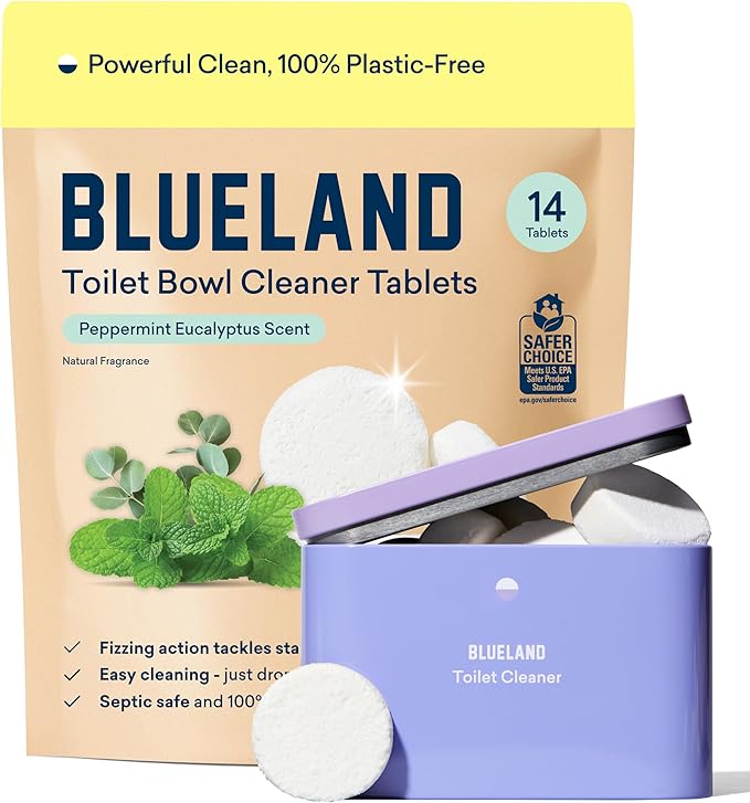 BLUELAND Toilet Bowl Cleaner Tablets, Starter Set, 14 Count with Tin, Peppermint Eucalyptus, Plastic-Free, No Harsh Chemicals, Plant-Based-Ruum Studio Home