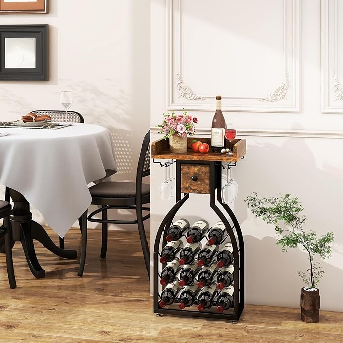 IBUYKE Wine Rack Freestanding Floor,Wine Storage 15 Bottles Bottle Rack with Glass Holders, Mini Bar Wine Cabinet with Storage Drawer for Home Bar Kitchen Dining Room,Rustic Brown,UTMJ908H-Ruum Studio Home