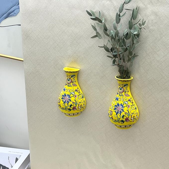 Set of Two Handmade Chinese Blue & White Porcelain Wall Mounted Vases – Chinoiserie Ceramic Flower Vase for Indoor Home Décor, Wall Hanging Vases for Living Room & Bookshelf-Ruum Studio Home