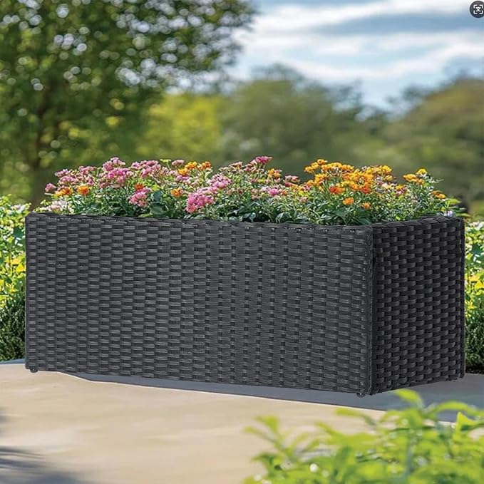 LEWIS&WAYNE Large Rectangular Block Planter Box Handmade Wicker Tall Planters for Outdoor Plants with Removable Liners Modern Planter for Indoor Outdoor Patio Deck - Black, 36''x12''x16''-Ruum Studio Home