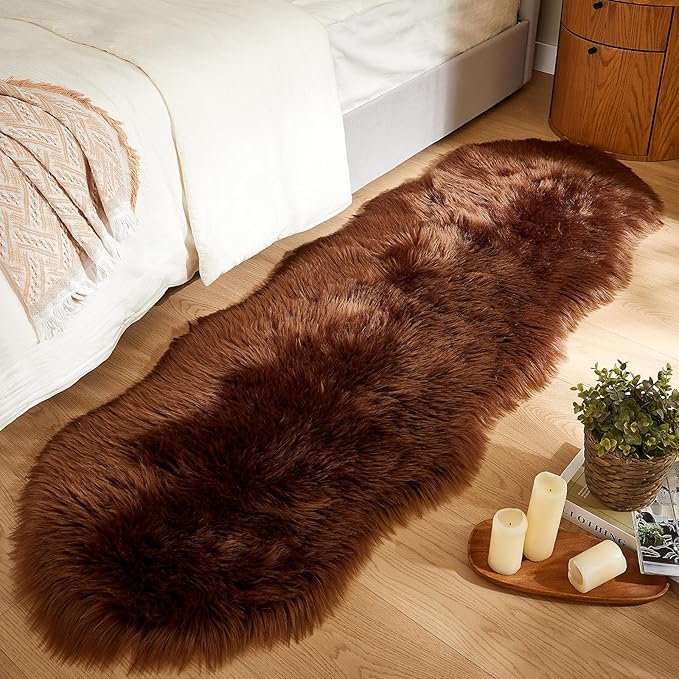 AMTOVO Faux Sheepskin Rug, Coffee Ultra Soft Fluffy Shag Area Rug, 2 x 6 ft Faux Fur Rug for Bedroom Sofa Throw Cushion Room Decor, Sheepskin-Ruum Studio Home