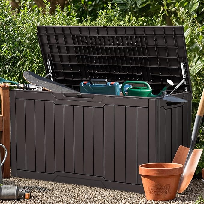 YITAHOME 100 Gallon Outdoor Storage Box, Large Water Resistant Resin Deck Box, Indoor Outdoor Lockable Storage Container for Patio, Garden, Cushions, Tools, Equipment (Dark Brown)-Ruum Studio Home