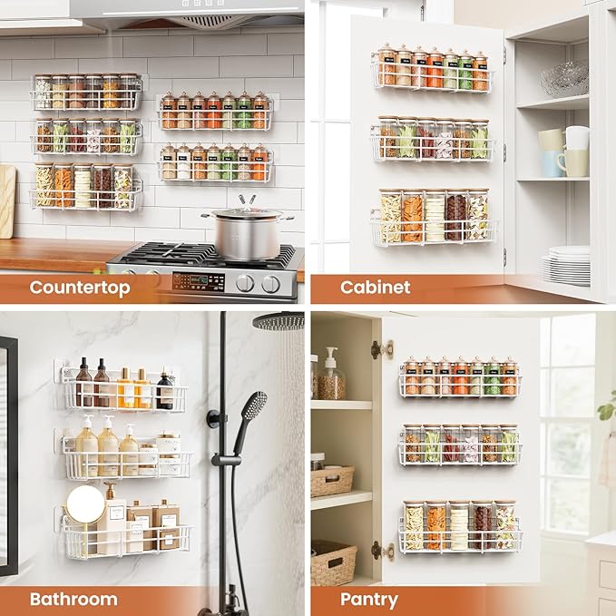5 Pack Spice Rack Seasoning Organizer Wall Mount, Screw or Adhesive Hanging Shelf Basket Spice Organizer Shelf for Kitchen, White-Ruum Studio Home
