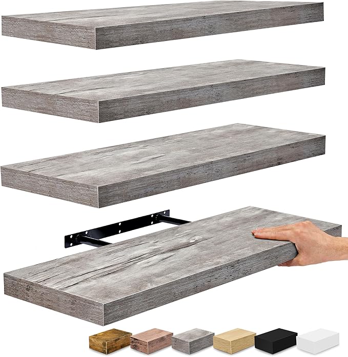Sorbus Floating Shelves for Wall - 24" Bathroom Shelves, Wall Decor for Bedroom, Kitchen, Living Room, Home Decor & Book Storage - Mounted Floating Shelf with Invisible Brackets (Gray, 4 Pack)-Ruum Studio Home