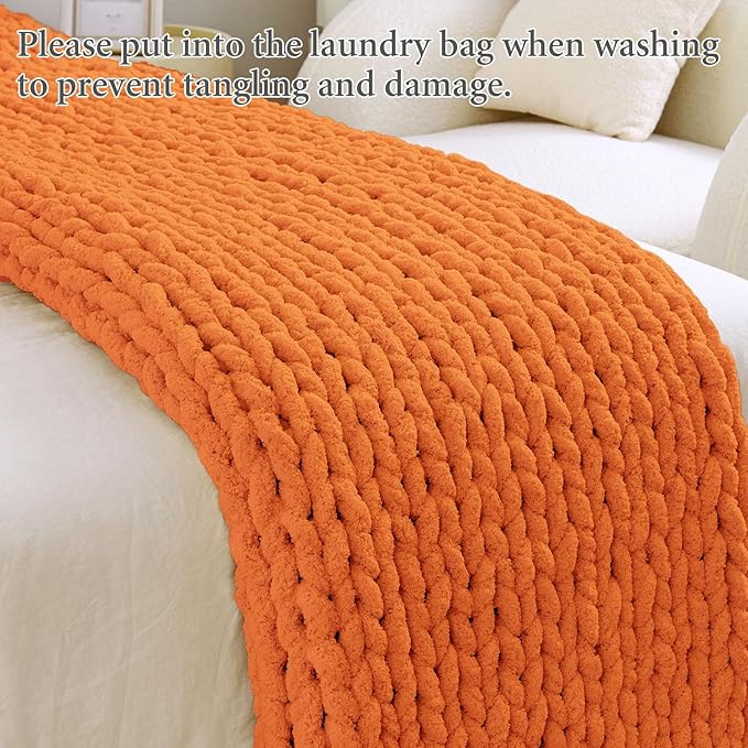 Admitrack Chunky Knit Blanket Throw, 100% Hand Knit Chenille Throw Blanket for Sofa & Home Decor, Soft and Cozy Knitted Throw Blankets (Orange, 51"x63")-Ruum Studio Home