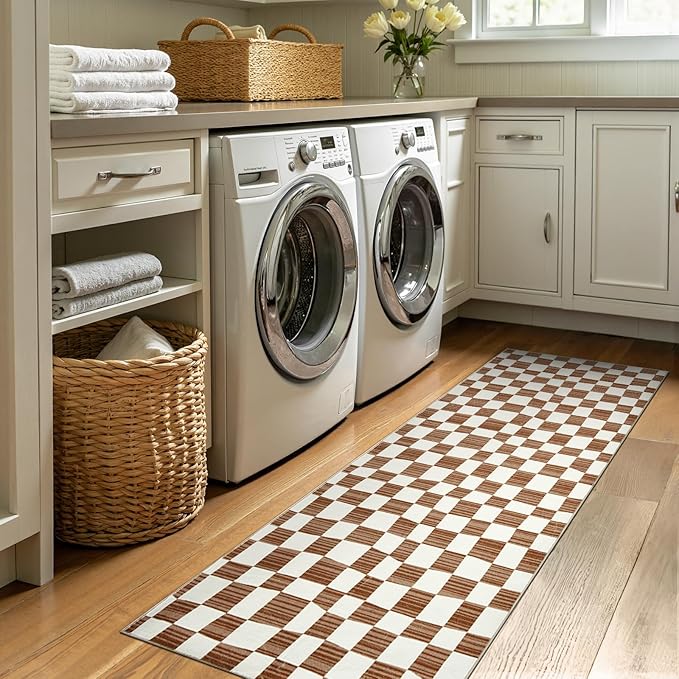 jinchan Runner Rug 2x5 Hallway Washable Modern Checkered Geometric Lattice Kids Bedroom Rug Indoor Floor Cover Non Slip Soft Carpet for Nursery Room Kitchen Laundry Room Home Brown-Ruum Studio Home