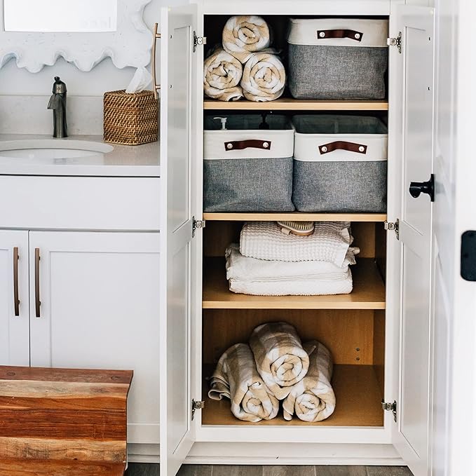 OrganiHaus Large Fabric Storage Baskets for Shelves 3 Pack, 15x11in Closet Storage Bins for Shelves, Cloth Baskets for Organizing, Linen Closet Organizers, Fabric Basket, Gray/White-Ruum Studio Home