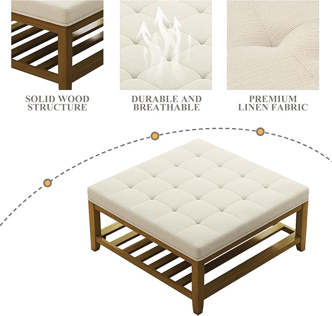 Large Square Ottoman Coffee Table, Linen Solid Upholstered Footrest Ottoman with Solid Wood Shelf Storage Tufted Coffee Table for Bedroom Living Room, Ivory-Ruum Studio Home