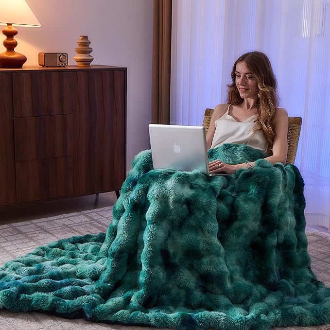 Lotus Karen Faux Fur Throw Blanket Tie-Dye Green - Big Bubble Rabbit Fluff Blanket for Couch, Large Fluffy Fuzzy Cozy Blanket,Thick Furry Plush Shaggy Blankets,108x90 Inches-Ruum Studio Home
