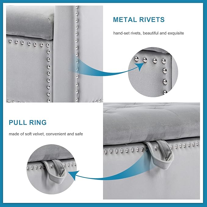 Storage Ottoman Bench, Velvet Upholstered Footstool for Bedroom and Living Room, Tufted Seat with Storage, Wooden Legs & Metal Rivets, Grey-Ruum Studio Home