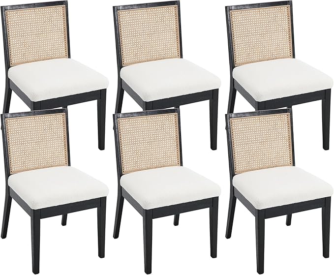 VESCASA Upholstered Dining Chairs with Square Rattan Back, Armless Padded Sherpa Fleece Cushion Dining Chairs with Wood Legs for Dining Room, Kitchen, Set of 6, Black Frame-Ruum Studio Home