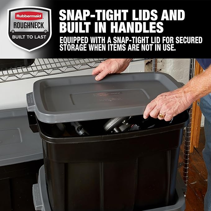 Rubbermaid Roughneck Tote 18 Gal, 6 Pack, Made in USA, Black & Gray, Rugged Plastic Stackable Storage Bins with Lids and Handles-Ruum Studio Home