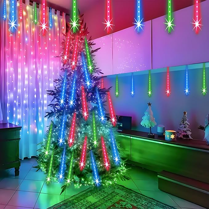 Meteor Shower Lights Outdoor Christmas Lights 24-Tube 576LEDs Snow Falling Rain Cascading Icicle Light for Christmas Tree Decorations Wedding Party Holiday Garden Decor, UL Plug Multi Color-Ruum Studio Home
