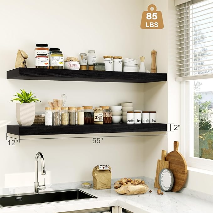 Heimlove 12 Inch Deep Floating Shelves, 55 x 12 inch Extra Long Floating Shelves for Wall, Large Display Shelf & Storage Shelf for Living Room Bedroom Kitchen Home Office, Set of 1, Black-Ruum Studio Home
