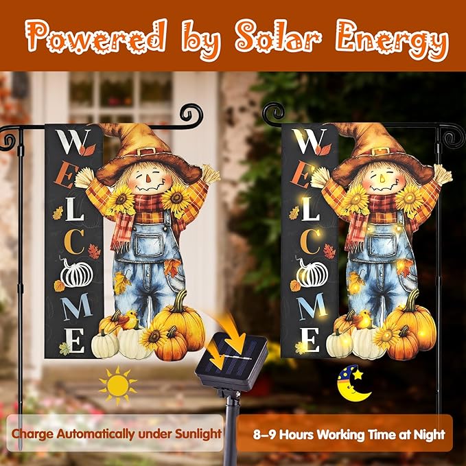 Thanksgiving Lighted Garden Flag, Solar Fall Outdoor Decor Yard Flag,8 Modes Led Scarecrow Flag,28x40 Double Sided Maple Leaf Pumpkin Bird Decorations for Home Porch-Ruum Studio Home