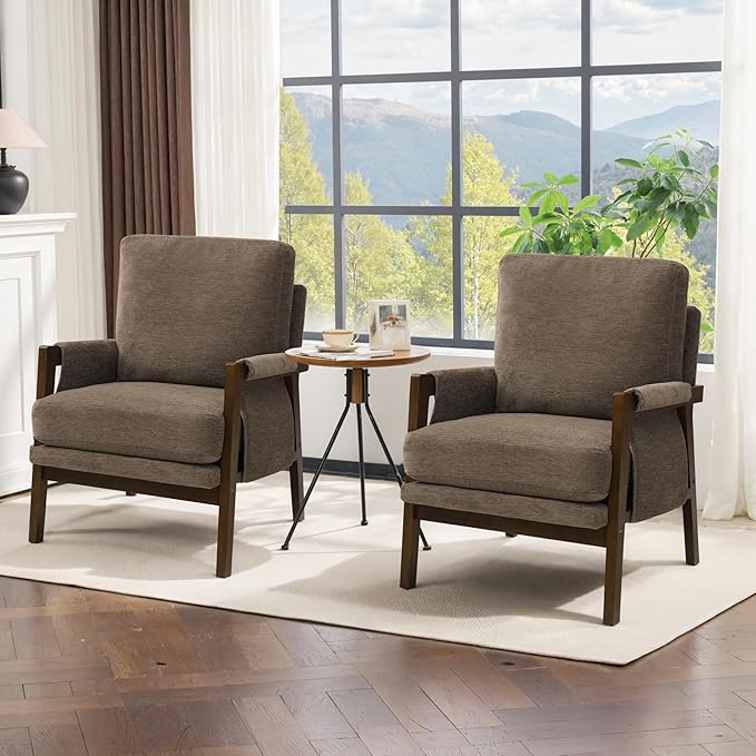 Modern Accent Chair for Living Room Mid Century Arm Chair Upholstered Bedroom Chair Comfy Lounge Chair with Solid Wood Frame, Dark Brown-Ruum Studio Home