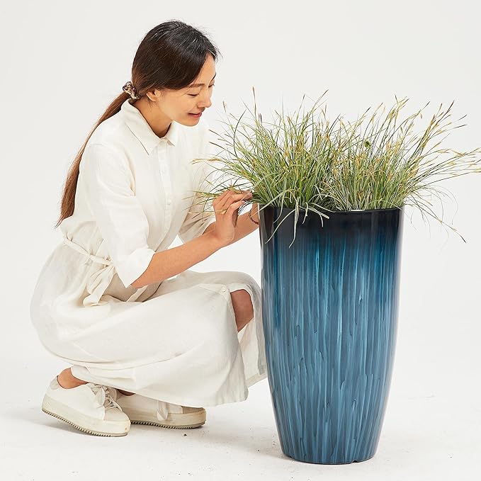 Worth Garden 23.5" H. Large Plastic Planters - Set of 2 Gradient Blue Glossy Smooth Finish - Tall Plant Pots for Indoor & Outdoor Use - Decorative Lightweight Flower Pot for Front Porch, Patio, Deck-Ruum Studio Home