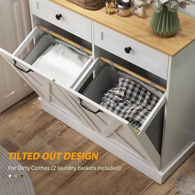 HOMCOM Tilt Out Laundry Hamper Cabinet with 2 Removable Baskets, Freestanding Bathroom Storage Cabinet with 2 Drawers, Trash Can Cabinet for Living Room, Laundry Room, White-Ruum Studio Home