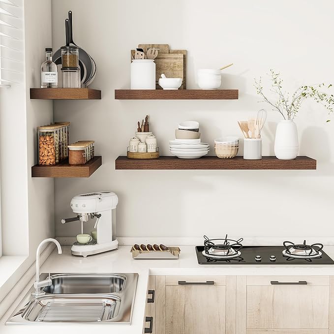 Wide Floating Shelves for Wall 12 Inch Deep, 36" X 12" X 2" Floating Shelf, 2 Inch Thick Shelf for Bathroom Bedroom Kitchen Book Room, Heavy Duty 65lbs Shelves for Farmhouse Decor Set of 2, Walnut-Ruum Studio Home