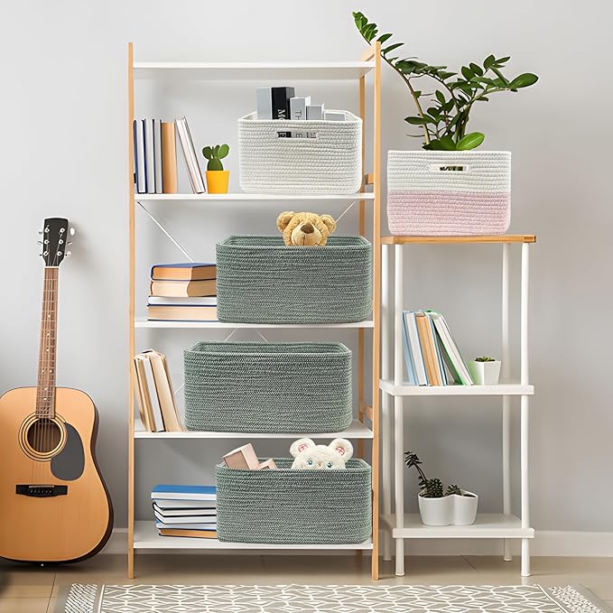 COMFY-HOMI Cotton Rope Woven Basket with Handles for Shelves,Toys,Book, Cloth Storage Baskets for Organizing-17" x 13" x 7.5" Toy Decorative Organizer for Living Room, Bathroom （Green）-Ruum Studio Home