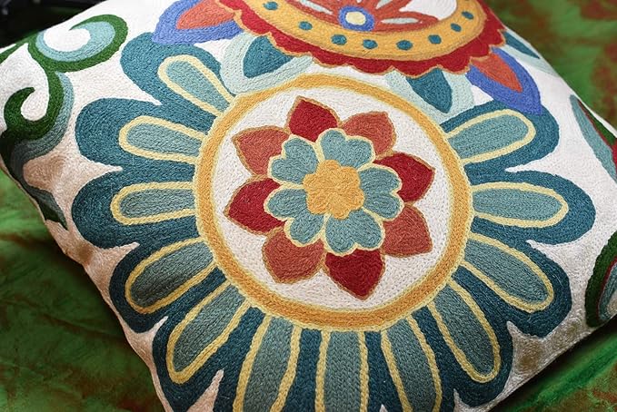 Daisy Floral Pillow Cover Teal Flower Pillowcase Flowery Outdoor Cushion Suzani Accent Pillowsham Flower Floral Chair Cushion Hand Embroidered Cushions Wool Size 18x18-Ruum Studio Home