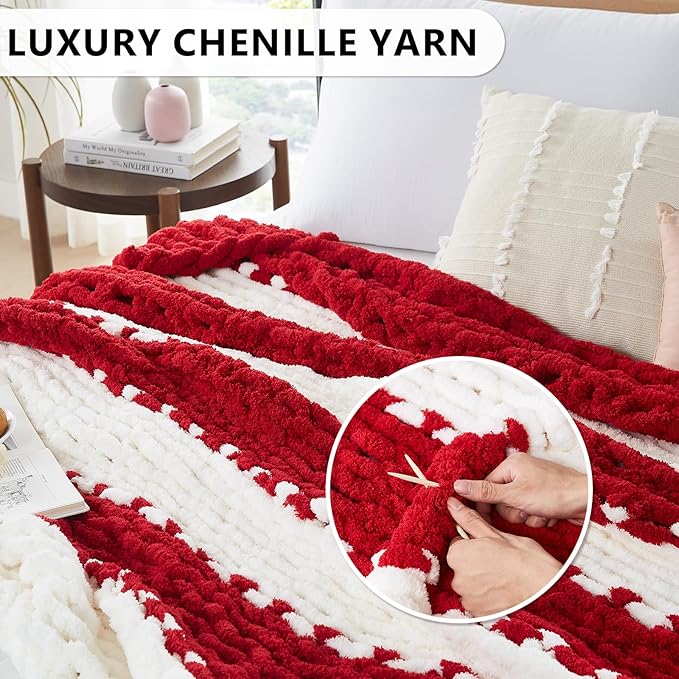 L'AGRATY Chunky Knit Blanket Throw: 72''x84'' Chenille Chunky Knitted Throw Blanket for Bed Couch - Handmade Thick Big Cable Knit Blanket - Large Chunky Crochet Blanket for Home Decor(Red White)-Ruum Studio Home