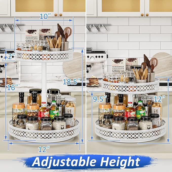 Lazy Susan Organizer 2 Tier - Turntable Spice Rack 12 inch Adjustable Metal Rotating Lazy Susan for Cabinet Pantry Kitchen Countertop Dining Table Cupboard Bathroom Vanity Storage White-Ruum Studio Home