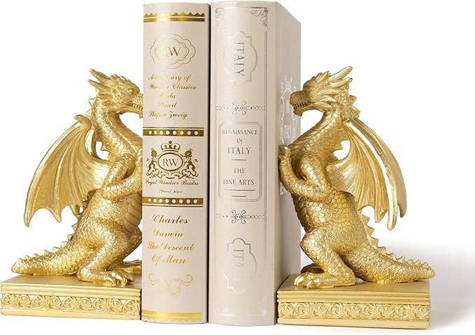 Dragon Statue Decorative Bookends for Shelves, Regal Gold Dragon Statue Home Office Decoration, Fantasy Dragon Figurine Enthusiasts Gifts-Ruum Studio Home