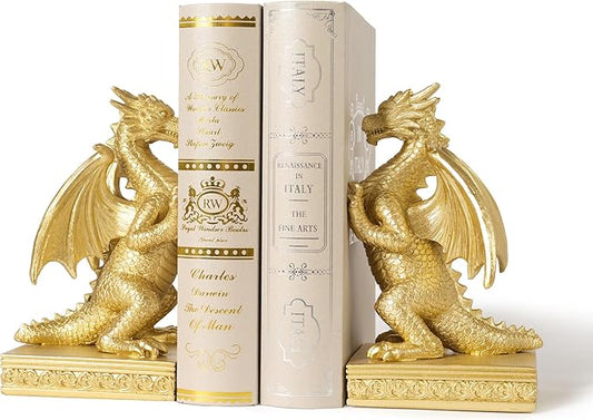 Dragon Statue Decorative Bookends for Shelves, Regal Gold Dragon Statue Home Office Decoration, Fantasy Dragon Figurine Enthusiasts Gifts-Ruum Studio Home