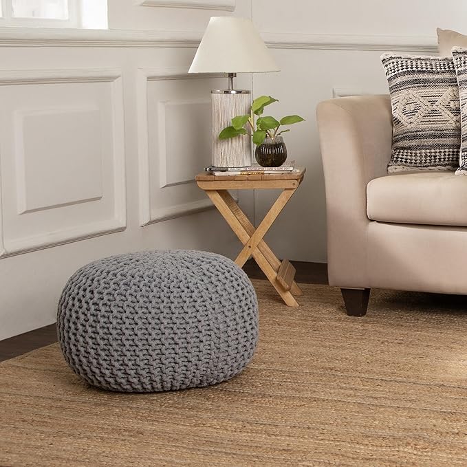 REDEARTH Round Boho Pouf Ottoman - Cable Knitted Cord Boho Pouffe - Stuffed Poof Accent Beanbag Footrest for Living Room - Nursery - Bedroom - Covered Patio - Study Nook (18”x18”x14”) - Gray-S-Ruum Studio Home