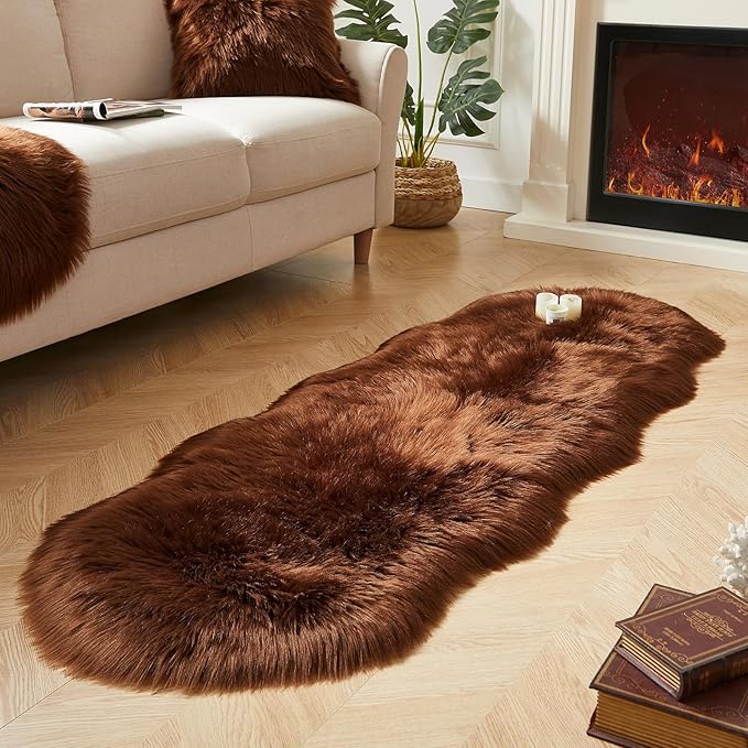AMTOVO Faux Sheepskin Rug, Coffee Ultra Soft Fluffy Shag Area Rug, 2 x 6 ft Faux Fur Rug for Bedroom Sofa Throw Cushion Room Decor, Sheepskin-Ruum Studio Home