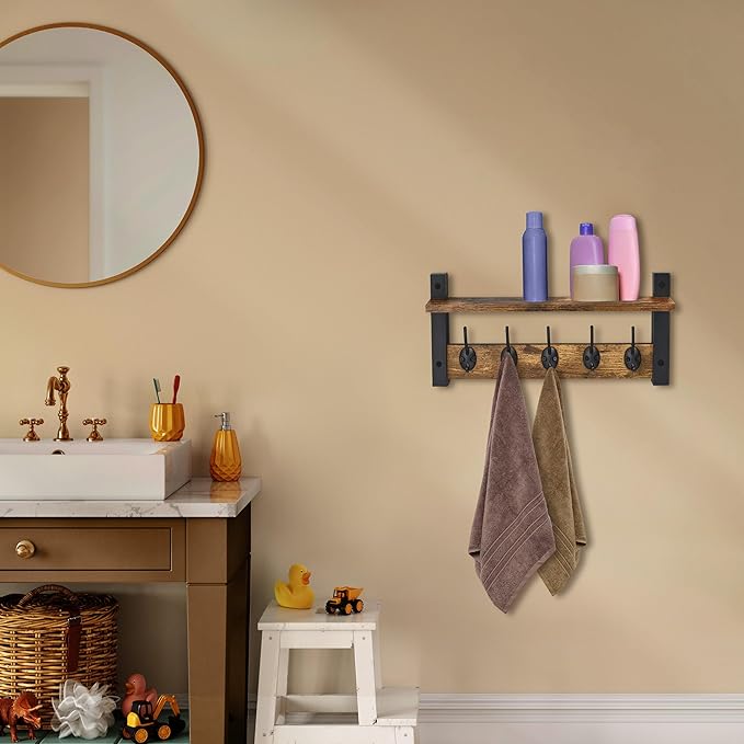 Sorbus Coat Hooks Wall Mount with Shelf – 16 Inch Coat Rack Wall Mount with 5 Heavy Duty Hooks – Floating Wall Shelf with Hooks for Entryway, Bathroom, Bedroom, Kitchen, or Mudroom (Rustic Brown)-Ruum Studio Home