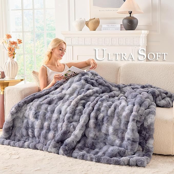 BENVWE Fluffy Faux Fur Throw Blanket for Couch - Soft, Plush, Thick, Cozy, Fuzzy Luxury Minky Bubble Blanket for Home Living Room Decor, Gifts for Women, Tie-dye Light Grey, 51" x 63", 1100GSM-Ruum Studio Home