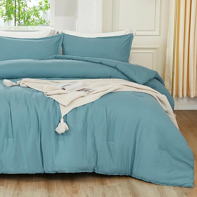 Litanika Comforters Grayish Teal Oversized Queen Size, 3 Pieces Lightweight Solid Bedding Comforter Set, All Season Fluffy Bed Set (98x98In Comforter & 2 Pillowcases)-Ruum Studio Home