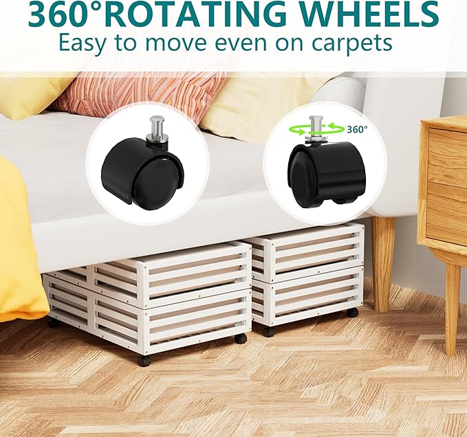 Bamboo Under Bed Storage Containers- Underbed Organizer with Wheels with Large Dust Bag,Sturdy Wood Rolling Under the Bed Shoe Storage Organizer Drawer 2 Packs (White, Small)-Ruum Studio Home