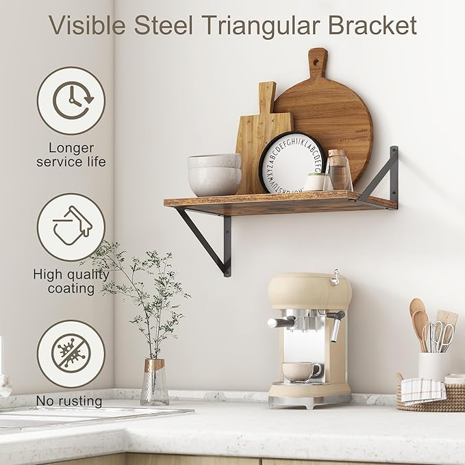 18"W x12"D Floating Shelves, Farmhouse Wall Shelves Home Decor Shelf, Deep Bathroom Shelf with Bracket, 12 Inch Deep Wall Shelves for Living Room, Kitchen, Bedroom, Rustic Brown, Set of 2-Ruum Studio Home