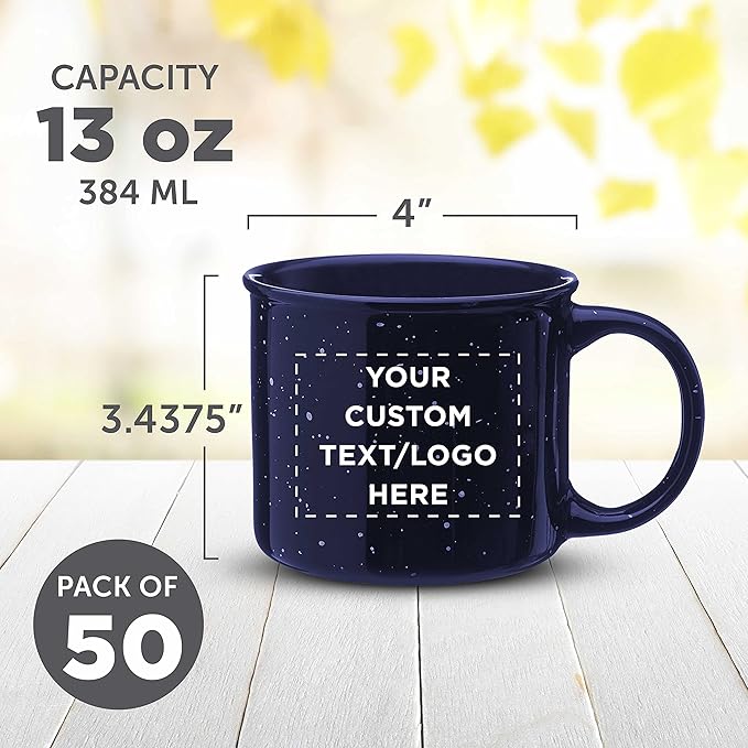 DISCOUNT PROMOS Custom Ceramic Campfire Coffee Mugs 13 oz. Set of 50, Personalized Bulk Pack - Perfect for Tea, Espresso, Cappuccino, Hot Cocoa - Blue-Ruum Studio Home