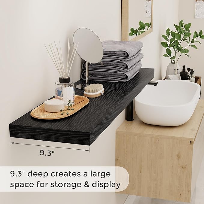 40 Inch Floating Shelves Black, 40" W x 9" D Floating Shelf Set of 2, Farmhouse Wood Wall Shelves for Bedroom, Kitchen, Wall Mounted Deep Shelving for Home Decor-Ruum Studio Home