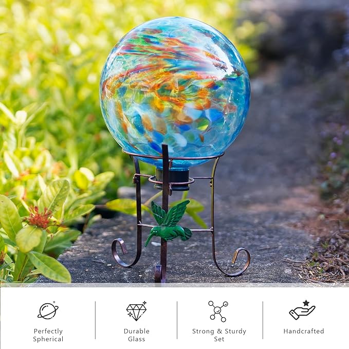 10 Inch Glass Gazing Ball, with 9.4" Tall Metal Gazing Globe Stand, Glass Balls Display Holder Set for Outdoor Garden Lawn Yard Decoration, Blue Artistic-Ruum Studio Home