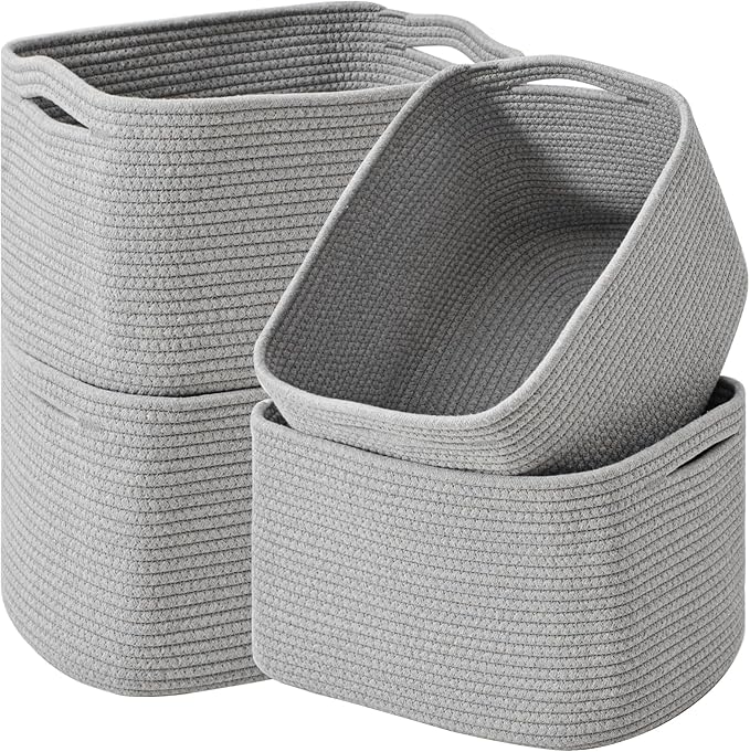 Storage Baskets for Organizing & Shelves, Woven Cotton Rope Organization Bins for Dog Toys, Clothes, Books, Nursery Organizer, 15" Lx11 Wx9.5 H, (4 Packs) Grey-Ruum Studio Home