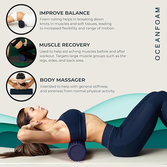 Oceanfoam Tidal Roller - Dark Navy - Muscle Massage Foam Roller for Back Pain & Stretching - Firm and Ergonomic Wide Wave Textured - Yoga, Athletics, & Wellness - Full Size, 20" x 5"-Ruum Studio Home